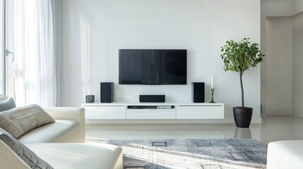 Minimalist living room with a wall-mounted TV, low-profile media console, and a few essential decorative items, keeping the space airy and open.