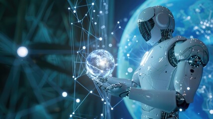 3d render of white humanoid robot touching glowing holographic planet earth on blue background with digital connections, AI concept