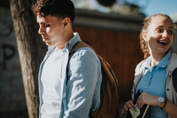 Two school friends catch up in an urban park on a sunny day, engaging in a lively academic discussion post-exam.