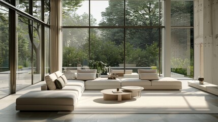 Minimalist living room with a white sofa, a single coffee table, and large windows letting in natural light.