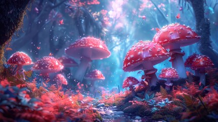 Enchanting Mushroom Landscape Illustration for Alice in Wonderland Fairy Tale - Powered by Adobe