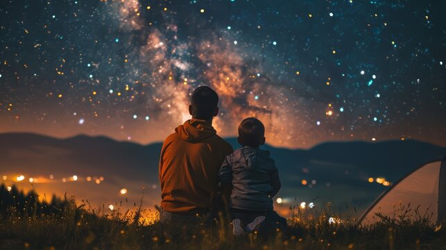Father and child stargazing on a clear night under a star-filled sky, bonding through astronomy and celestial exploration