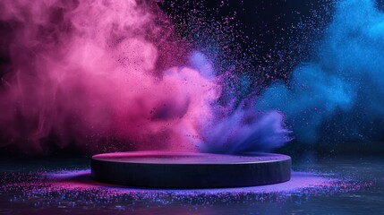Colorful Powder Explosion on Empty Black Podium Mockup for Cosmetics or Product Presentation - Front View