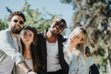 Four diverse friends share a joyful moment in the park, embodying happiness and carefree attitudes on a sunny day.
