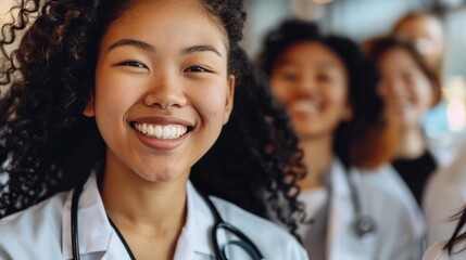 Fototapeta premium An Asian girl doctor in medical clothes smiles among her medical colleagues, demonstrating the cohesion of the hospital team.