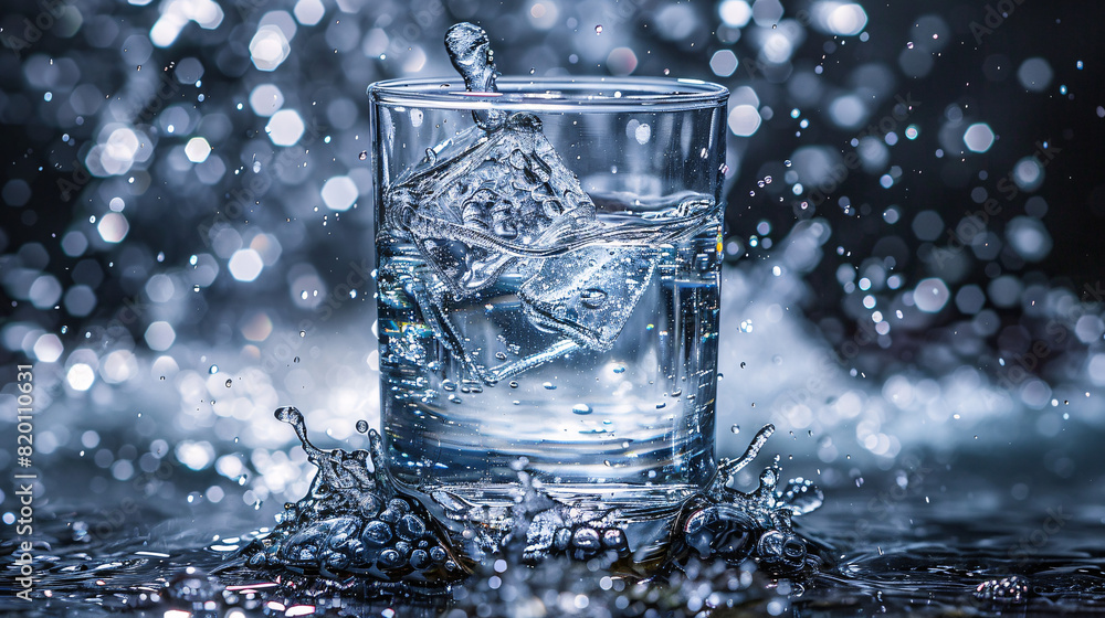 Poster glass of water with ice splashing. a refreshing glass of water with ice cubes splashing, captured in