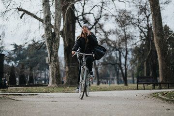 Young woman enjoying a peaceful bike ride in a tree-lined park on a cloudy day.