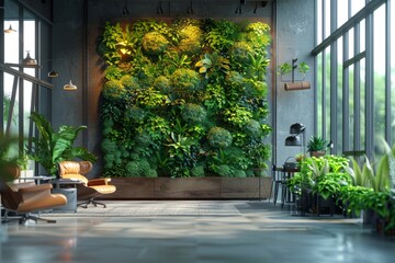 A room filled with plants, green wall, and wooden fixtures