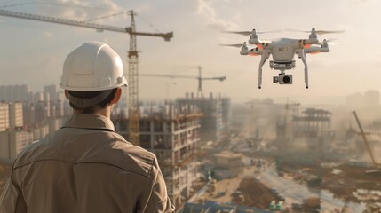 A man in a hard hat looks on as a drone with a camera records footage of a construction site.