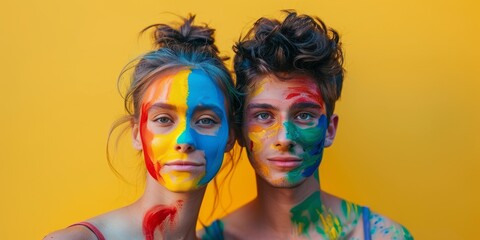 Fototapeta premium Vibrant Love - Happy couple with rainbow face paint spreading positivity on blank background with copy space.