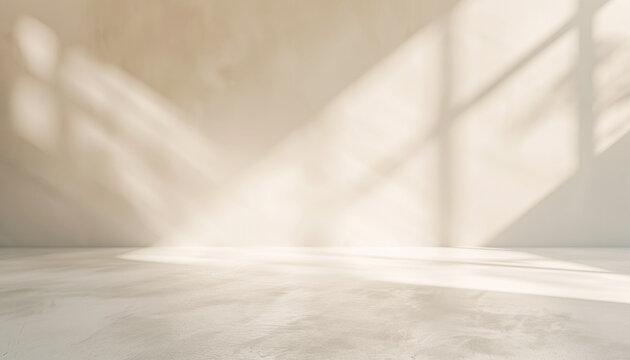 Empty abstract background in neutral beige colors for business product presentation. Geometrical shadows on wall for modern minimalist mockup backdrop.