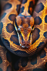 Fototapeta premium Closeup of a python's brown patterned skin and watchful eye