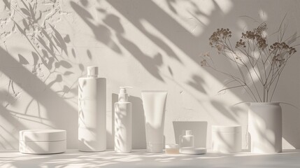 Beauty products on a podium in a clay colored background.