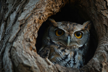 A brown great horned owl with piercing yellow eyes perched on a tree branch