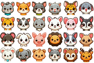 Obraz premium Cute cartoon animals portrait icon set