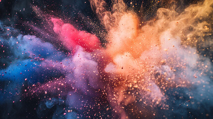Obraz premium Colorful powder explosion against black background. A dynamic and vibrant explosion of colorful powder against a black background, creating a dramatic effect.