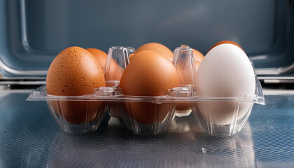 Brown and white eggs in an egg box