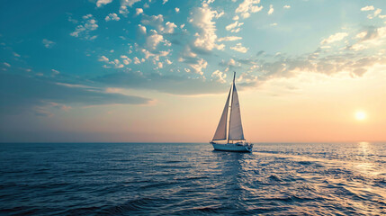 Obraz premium Sailboat on calm ocean during sunset. A serene image of a sailboat sailing on a calm ocean during a beautiful sunset, creating a tranquil scene.