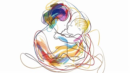 Vibrant abstract illustration depicting the intimate moment between a mother and her baby, surrounded by colorful, flowing lines..