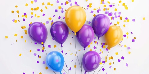Illustration of festive balloons in purple and yellow, surrounded by fluttering confetti, perfect for celebrations and parties..