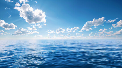 Obraz premium Open ocean under a bright sky. Expansive view of the open ocean with a clear horizon and scattered clouds under a bright blue sky.