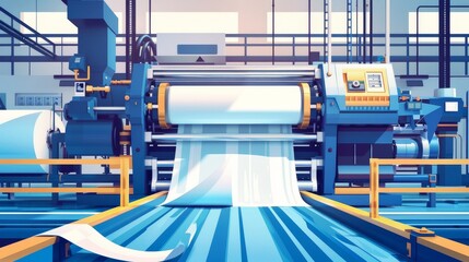 A factory with a machine that is printing paper