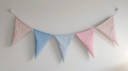 3d rendering of cute bunting flag decoration on white background, blue and pink color, simple design, cute shape, front view, detailed,