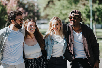 Four diverse friends share a moment of joy and laughter in a sunny, outdoor park setting, showcasing friendship and happiness.