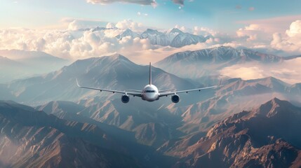 Passenger jet flying over a dramatic mountain range, offering breathtaking views to travelers on board.
