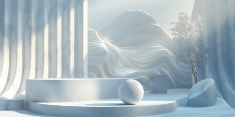 White Marble Podium with Sphere and Tree