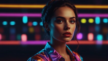 1980s vintage neon glow fashion portrait illustration. woman with retro 80's style.