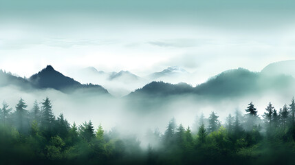 Fog in the mountains in the forest,Evergreen fog travel season landscape morning forest hill...