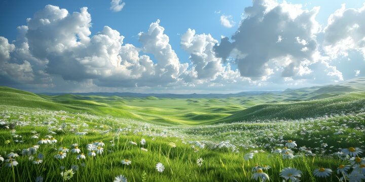 A field of blooming chamomile flowers on a hillside