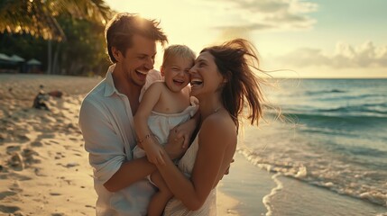 Fototapeta premium As the sun sets at the beach, a family creates beautiful memories filled with love, laughter, and togetherness. The peaceful atmosphere brings joy and serenity in the warm ocean glow