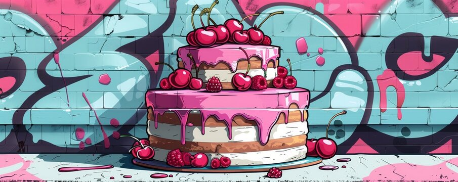 A large cake with layers of cream, pink icing, and cherries on top