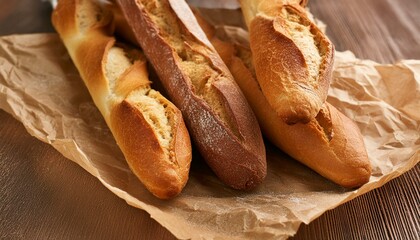 French Breakfast Concept: Close-Up of Fresh, Tasty Baguettes on Craft Paper