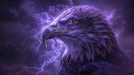 Obraz premium Digital art closeup of eagle with lightning, dark moody tones, hyperrealistic style, smooth lighting, sleek lines, dark backdrop, purple light effects, trending on Artstation