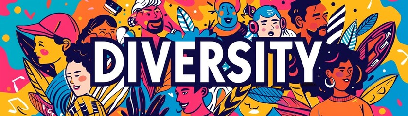 Diverse community wordmark design with american cultural diversity accessories and patterns