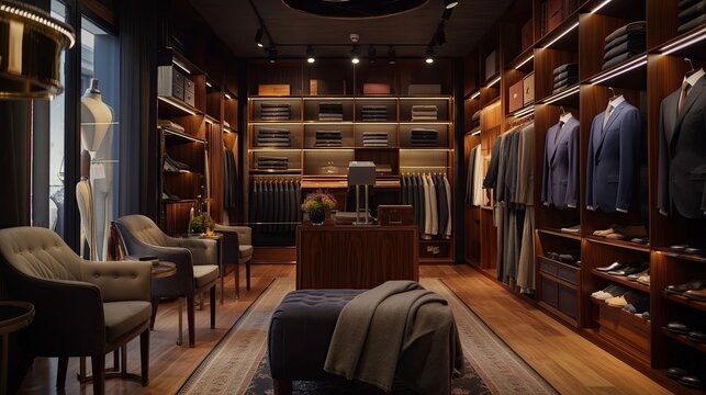 Elegant men's clothing boutique featuring tailored suits, sophisticated decor, plush seating, and stylish displays in a luxurious setting..
