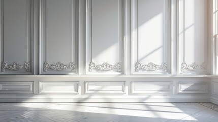 3d rendering of an elegant wall with classical ornament and white paneling. Sunlight shines through the window, creating beautiful shadows on the floor.