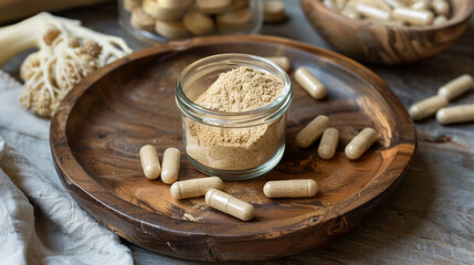
Organic maca powder in a glass jar and maca capsules on a wooden plate, health supplement concept