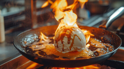 Ice cream flambe scoop frying on pan with flame