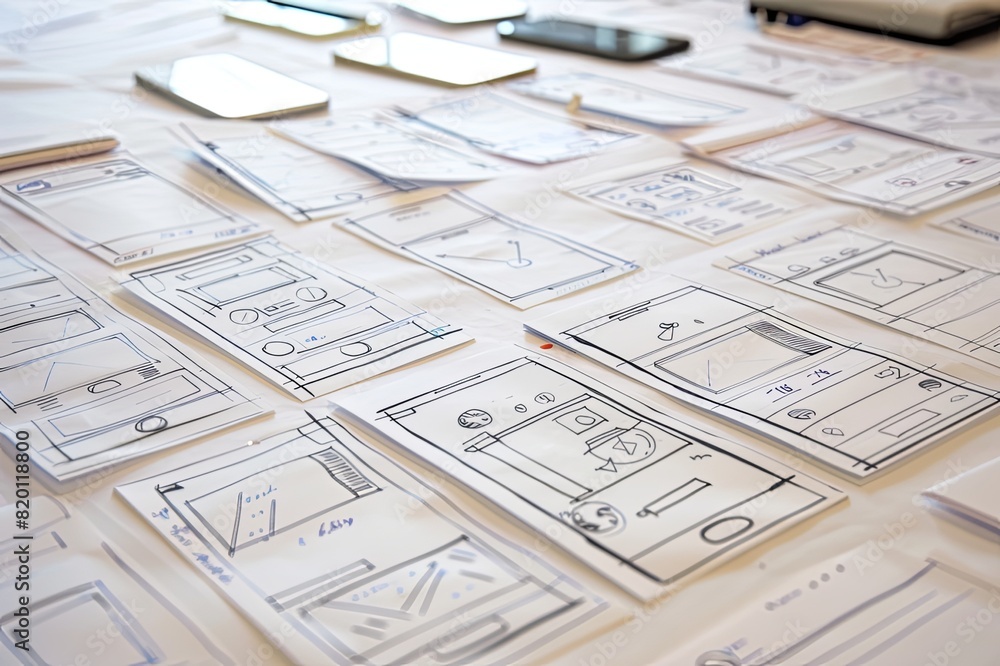 Poster concept sketches and storyboards depicting user interactions and user interface (ui) designs for mob