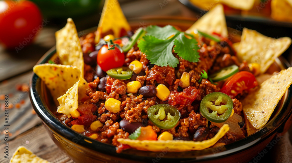 Wall mural  Chili con carne with nachos chips. Mexican food. National cuisine