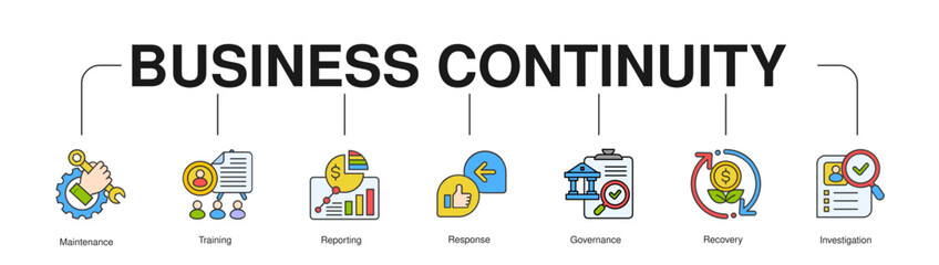 Business Continuity banner web icon vector illustration - Color
concept with icon of Maintenance, Training, Reporting, 
Response, Governance, Recovery, Investigation
