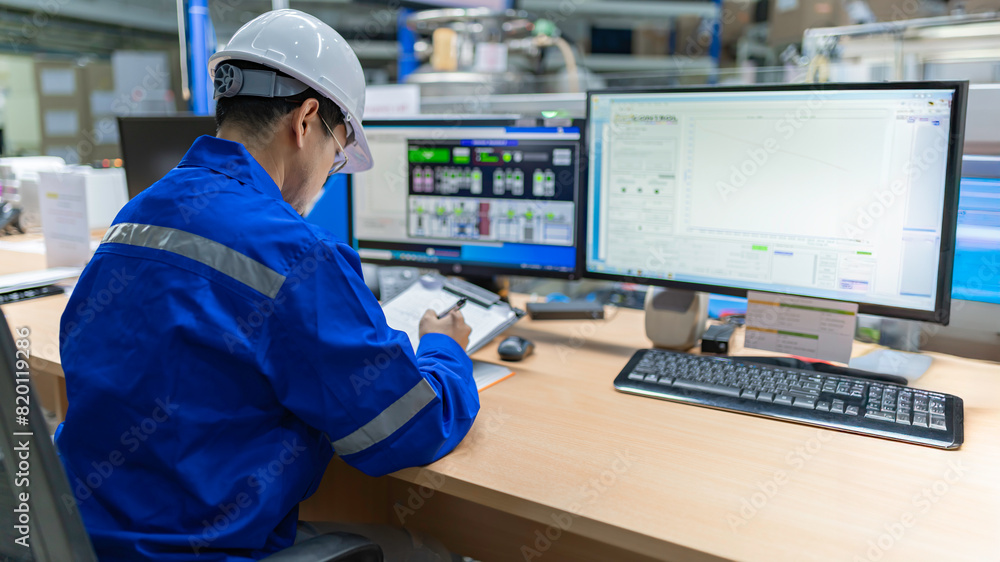 Wall mural engineer working at control room,manager control system,technician man monitoring program from a lot