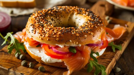 Smoked salmon and cream cheese bagel sandwich served with capers, red onion slices, and fresh arugula on a wooden board.