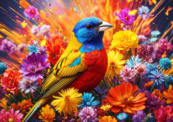 Close up Painted Bunting bird surrounded be an explosion of colorful flowers