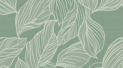 A delicate pattern of abstract line art leaves on a soft green background, creating a serene and...