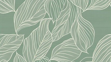 A delicate pattern of abstract line art leaves on a soft green background, creating a serene and modern botanical design..